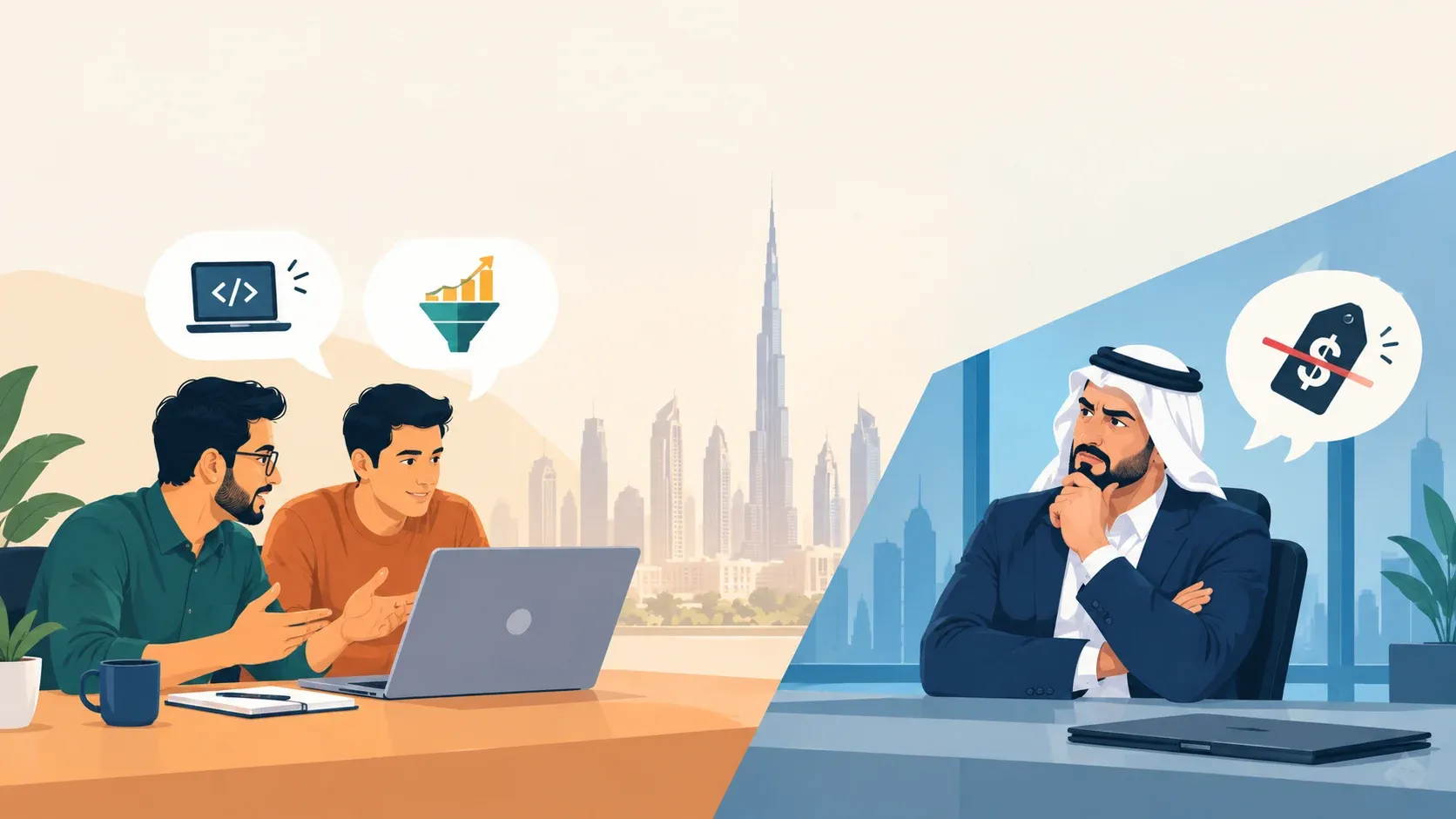 Editorial illustration of a freelance development team discussing a project with a real estate client who considers hiring a local UAE team.