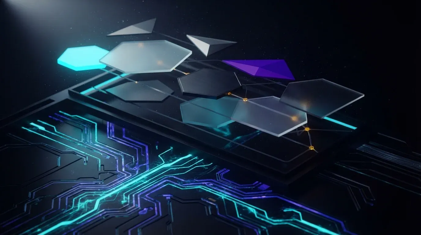 Abstract depiction of an AI system architecture that features layers of neural networks, geometric nodes, and luminous links depicting orchestration and design patterns