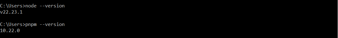 Terminal screenshot of version of node js and pnpm