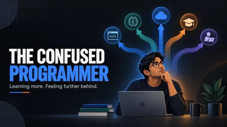 An introspective programmer thinking about different software career options within a dark editorial design